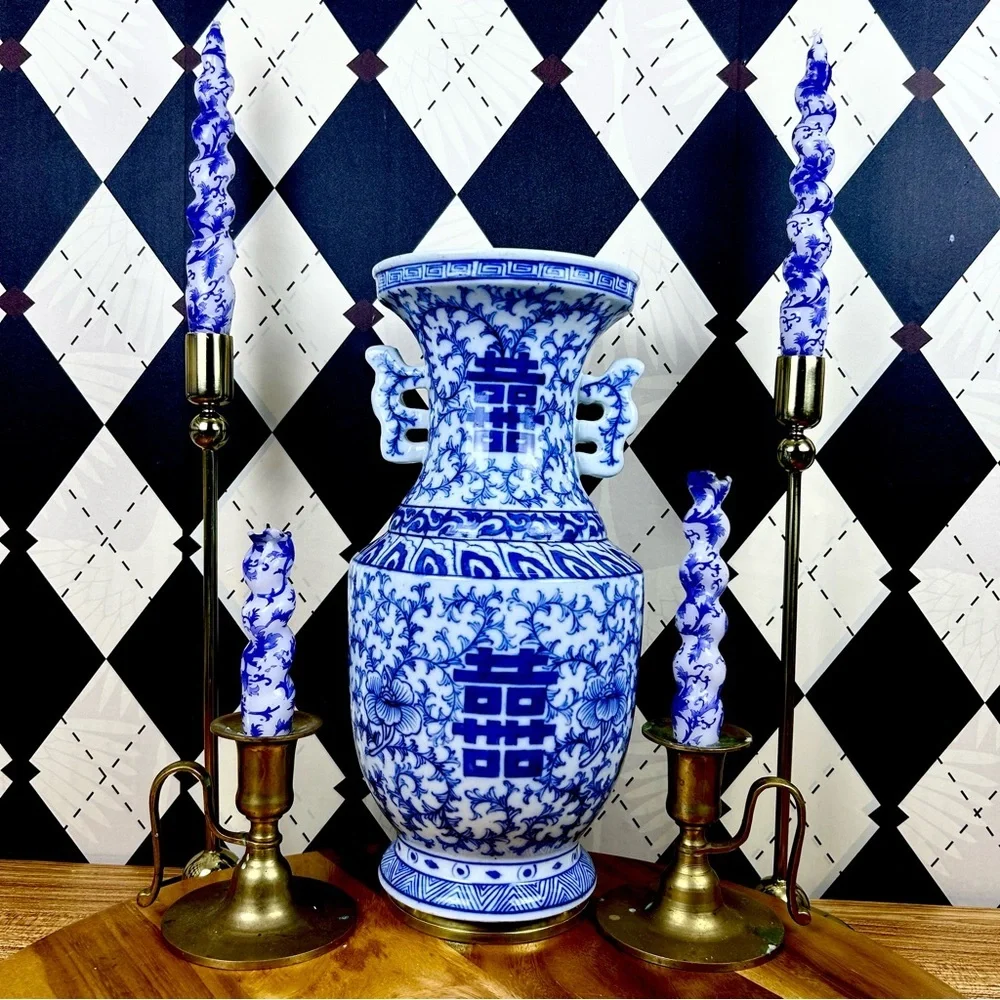 Blue White Porcelain‎ Double Happiness Vase Chinoiserie 13in Vintage Decor
